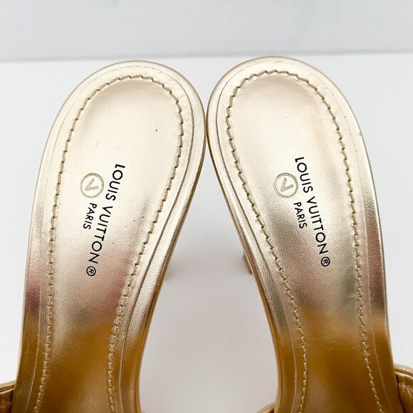 Louis Vuitton Revival Mule Monogram Gold Metalic Heel Padded Heels Sandals - Picture 8 of 14